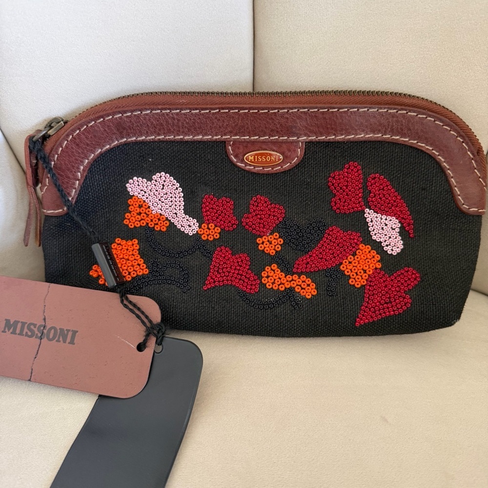NWT Missoni Black Beaded Small Clutch Purse Makeup Bag Travel Pouch Embroidered